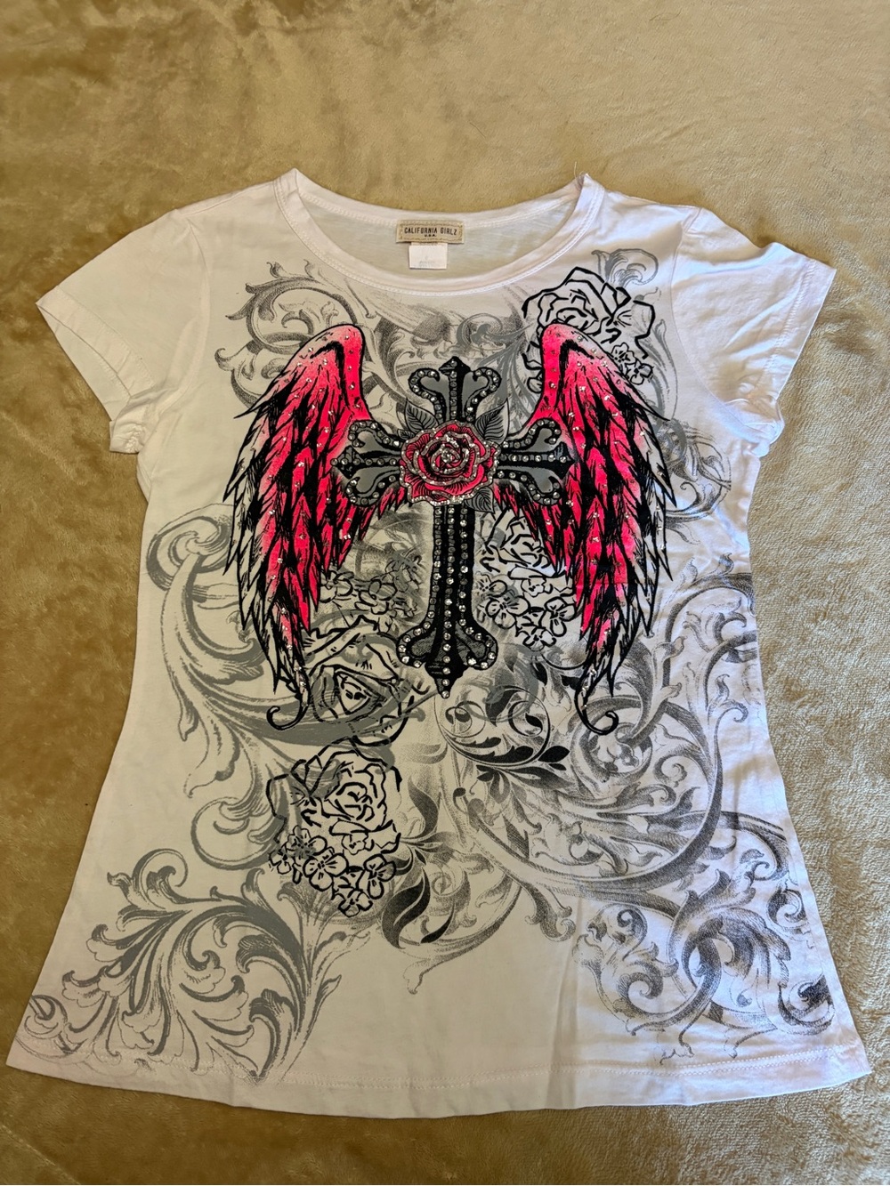 Women's White Graphic Tee with Hot Pink Wing & Cross Motif